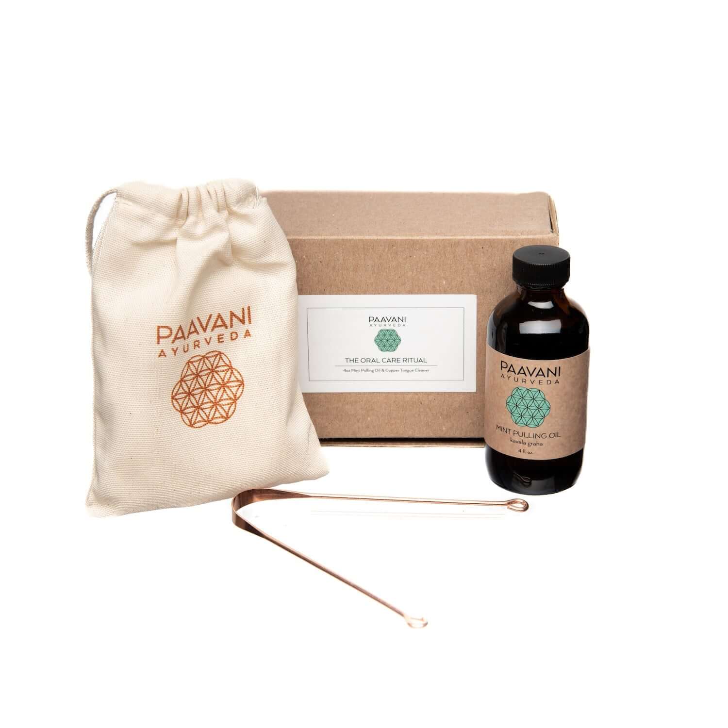 The Oral Care Ritual - Mint kit by Pavani Ayurveda, featuring oil pulling, tongue cleaner, and eco-friendly packaging.