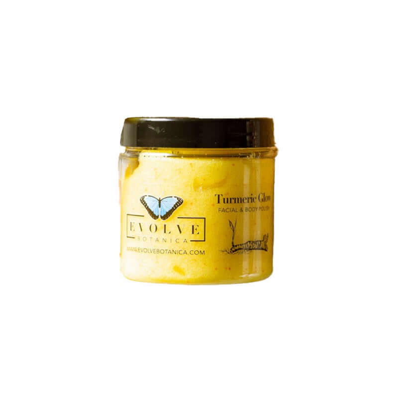 Turmeric Glow Facial Polish jar by Evolve Botanica, enriched with argan oil for radiant skin.