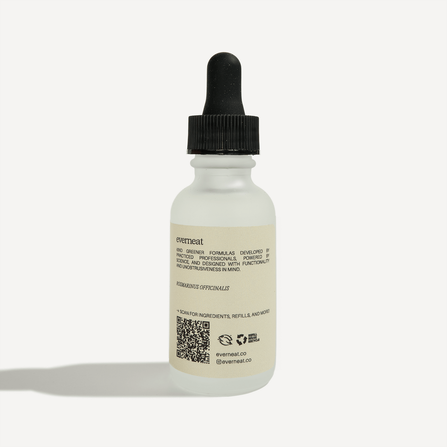 Rosemary essential oil in a dropper bottle, featuring plant-based ingredients and cleaning properties.