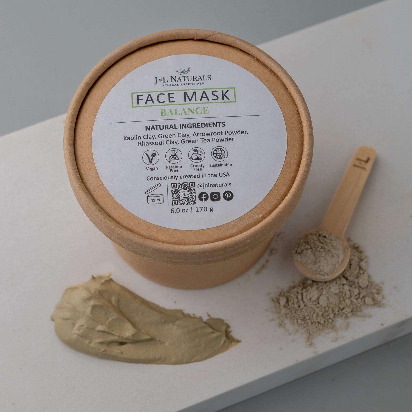 J-L Naturals Balance Face Mask with natural ingredients for oily skin, shown in eco-friendly packaging.