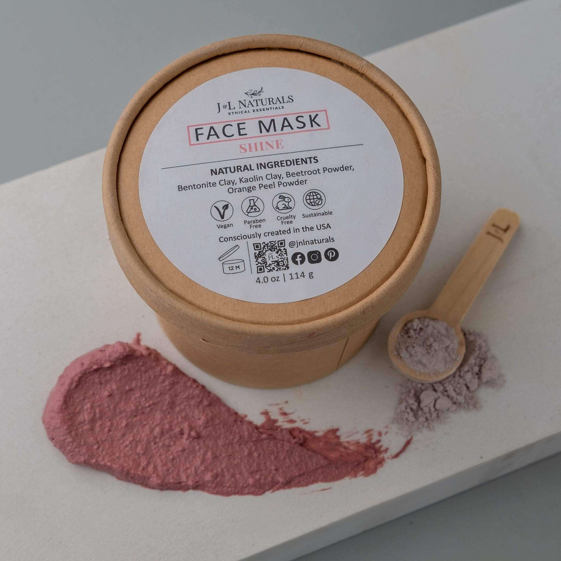 J.L. Naturals Face Mask Shine with natural ingredients in eco-friendly packaging, perfect for glowing skin.