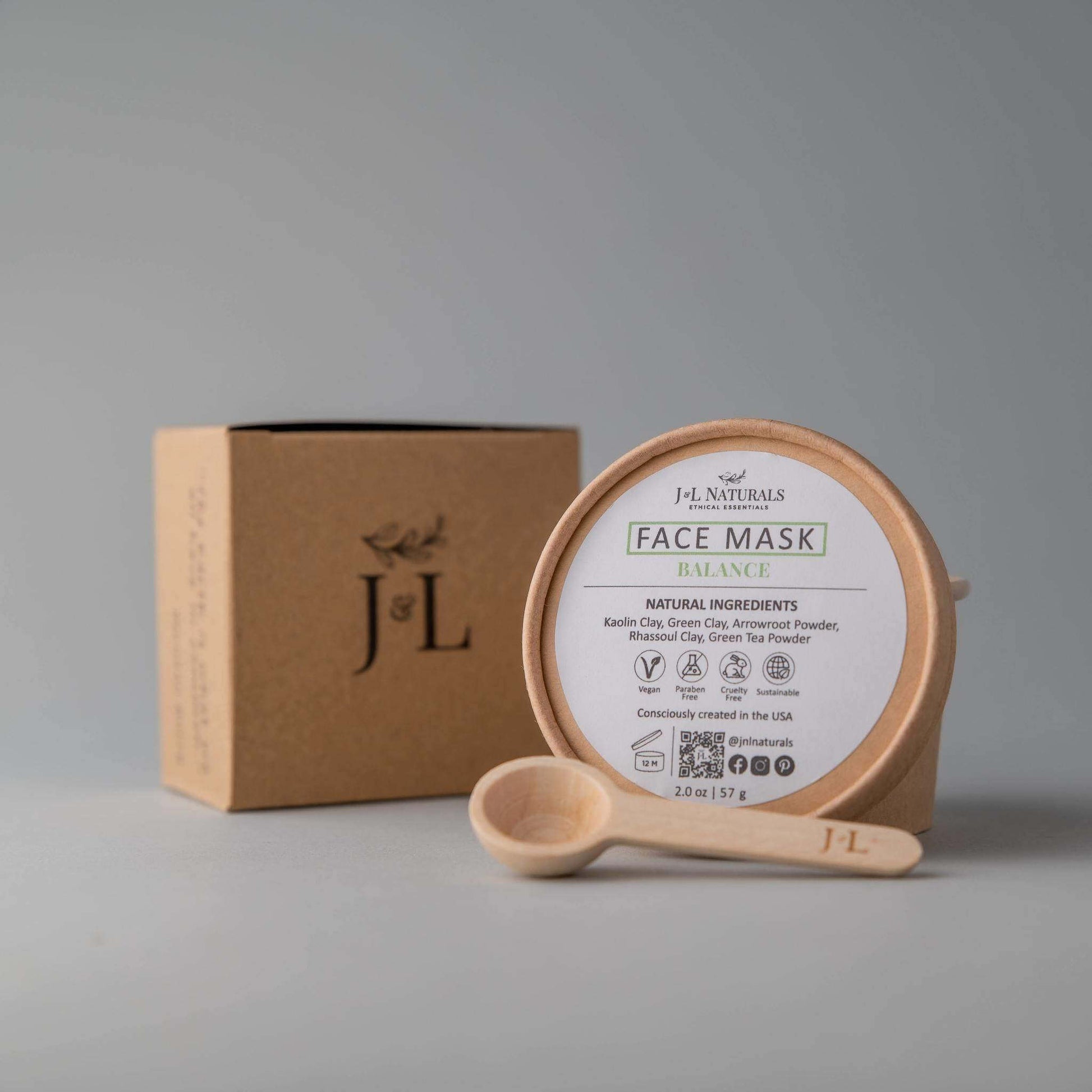 J.L. Naturals Balance Face Mask with wooden scoop and eco-friendly packaging for oily skin.