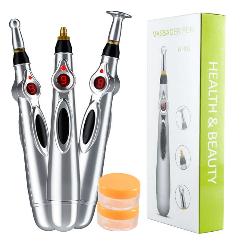 Electric Energy Acupressure Pen set with three massage heads for pain relief and healing therapy.