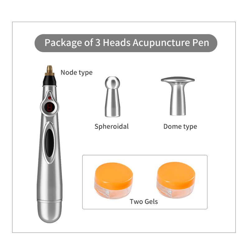 Electric acupressure pen with three massage heads: Node, Spheroidal, and Dome type, plus two gels included.