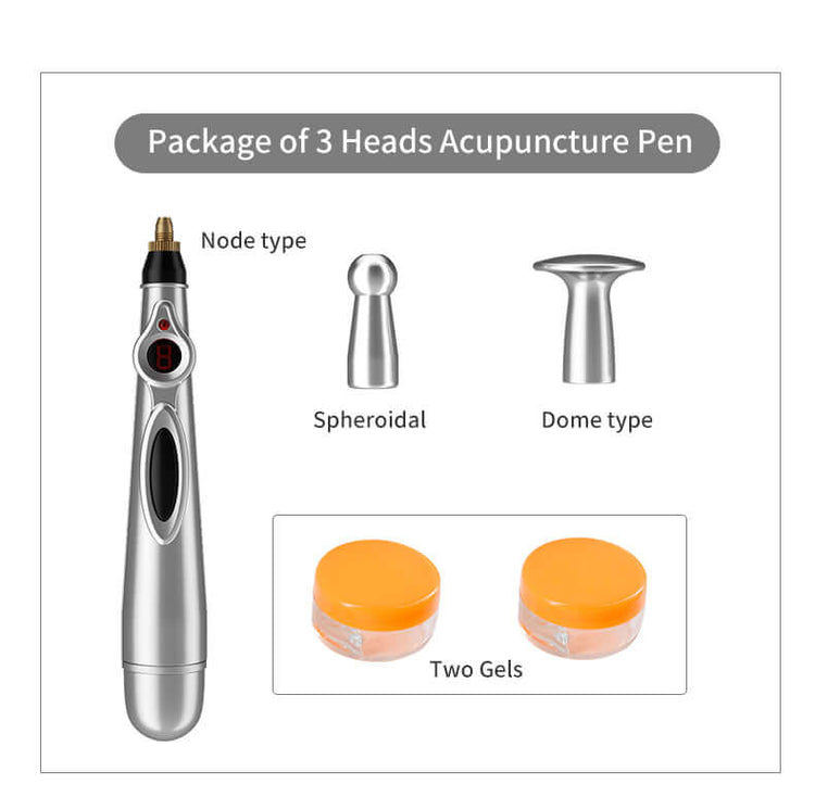 Electric acupressure pen with three massage heads: Node, Spheroidal, and Dome type, plus two gels included.