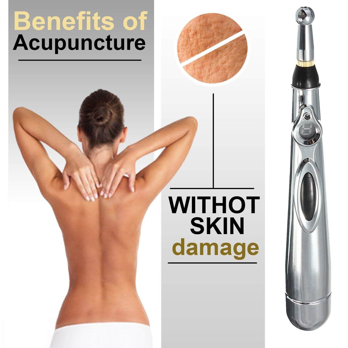 Electric Energy Acupressure Pen promotes acupuncture benefits without skin damage, showcasing massager and back relief.