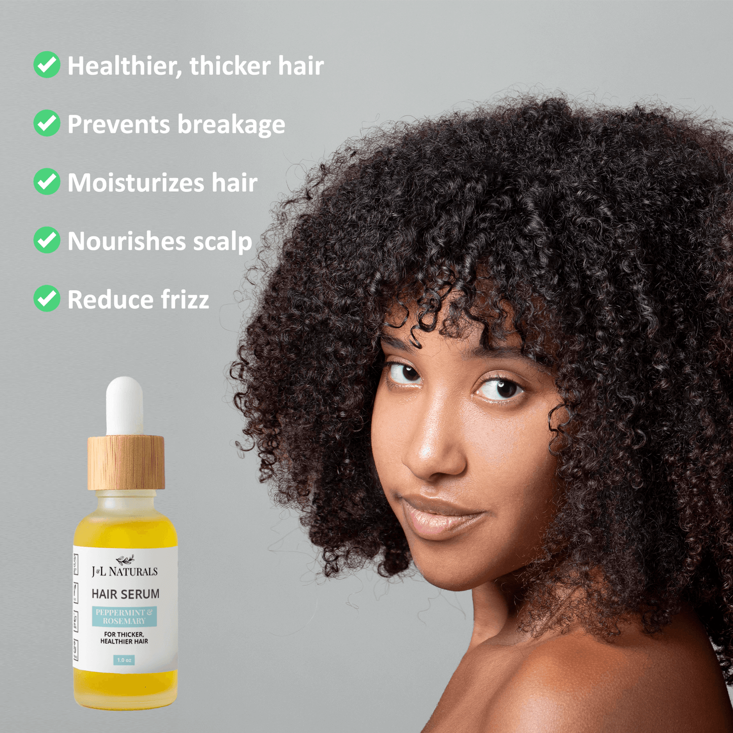 Hair Serum for healthier, thicker hair, reduces frizz and nourishes scalp. Vegan and cruelty-free formula.