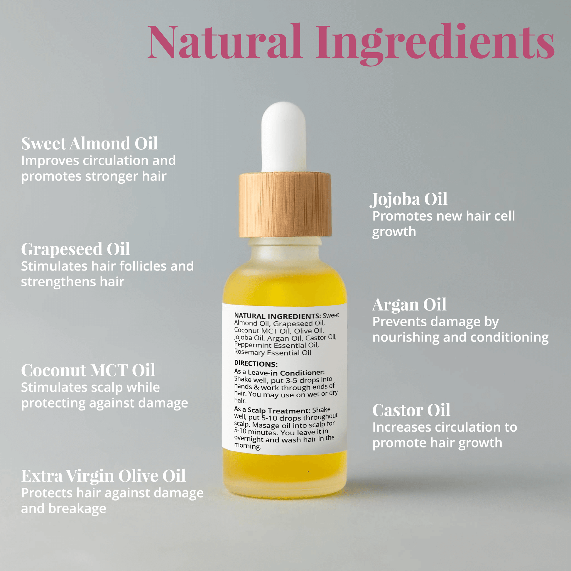 Hair serum bottle showcasing natural ingredients like Jojoba, Argan, and Sweet Almond Oil for stronger hair.