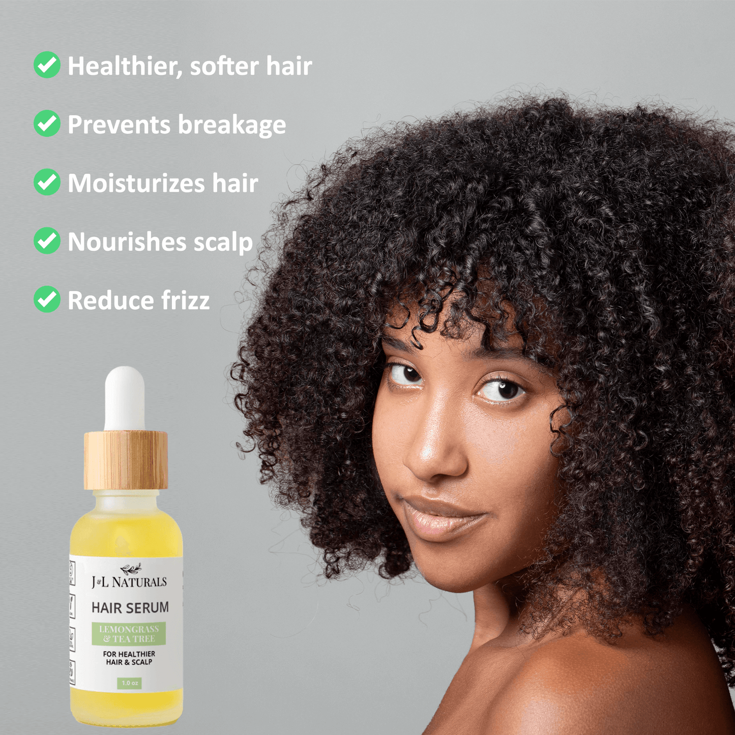 Hair serum bottle alongside a woman with curly hair, highlighting benefits: healthier hair, preventing breakage, moisturizing.