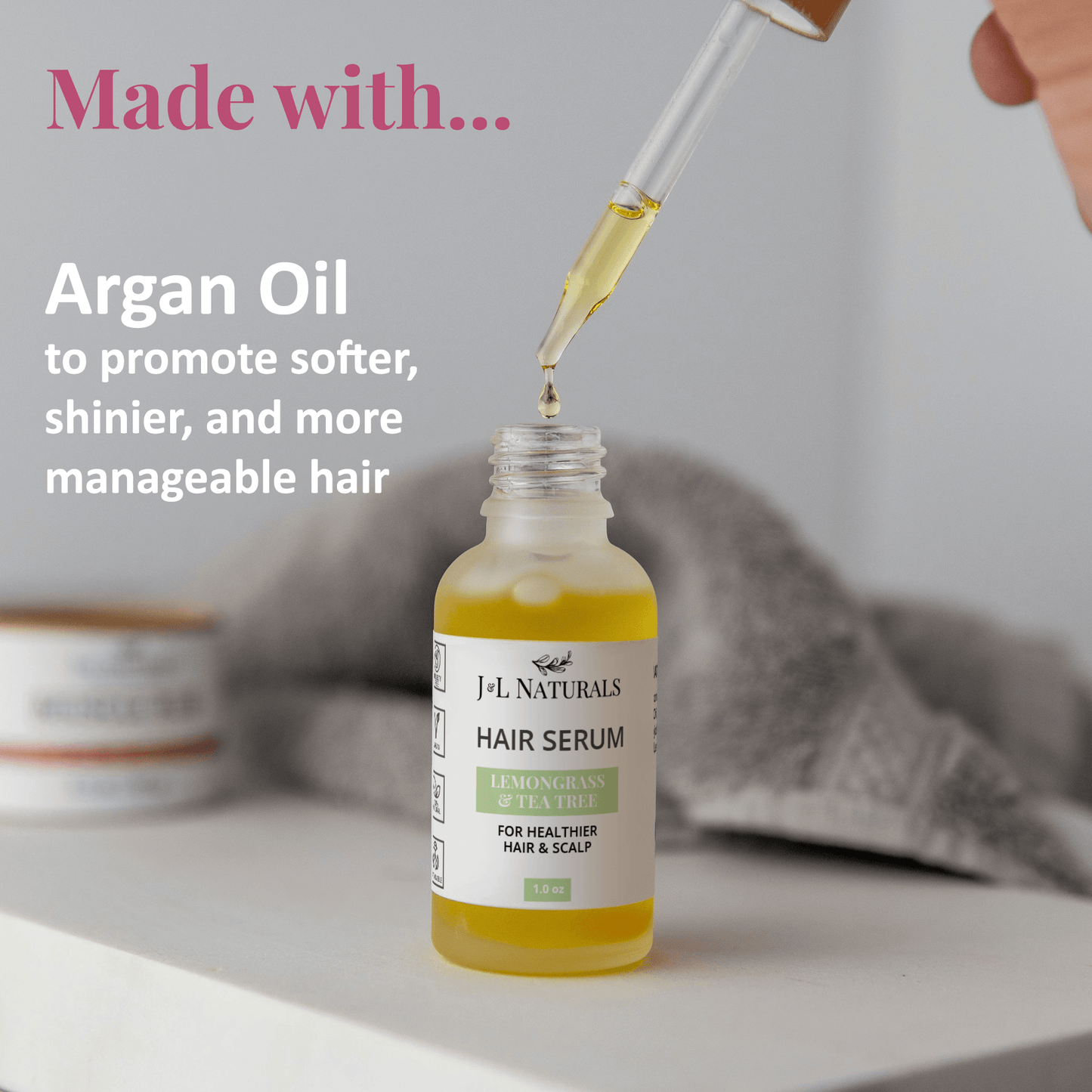 Hair Serum bottle with argan oil for softer, shinier hair, promoting healthy hair and scalp, vegan and cruelty-free formula.