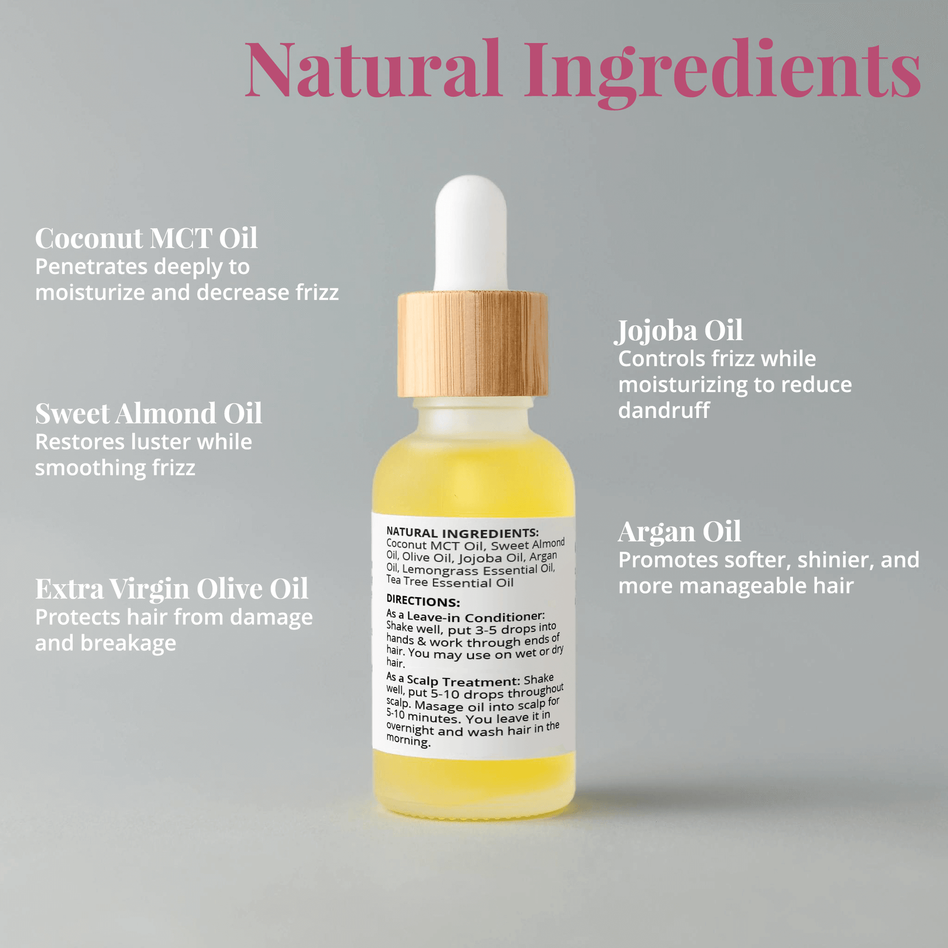 Hair serum showcasing natural ingredients like coconut oil and jojoba oil for frizz control and hair hydration.