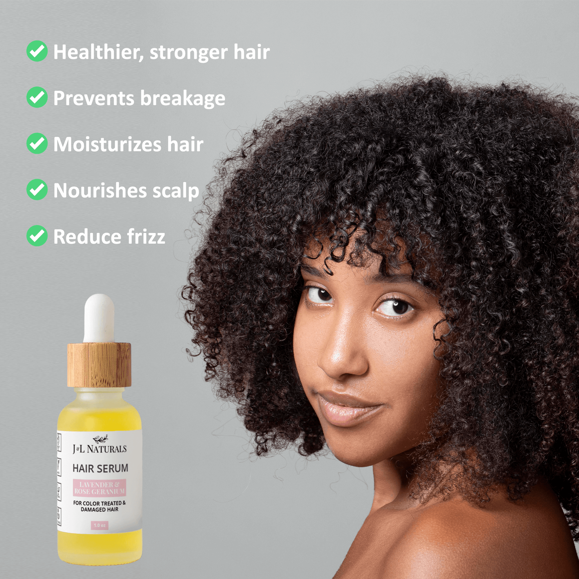 Hair Serum for healthier hair, preventing breakage and frizz while moisturizing and nourishing the scalp.