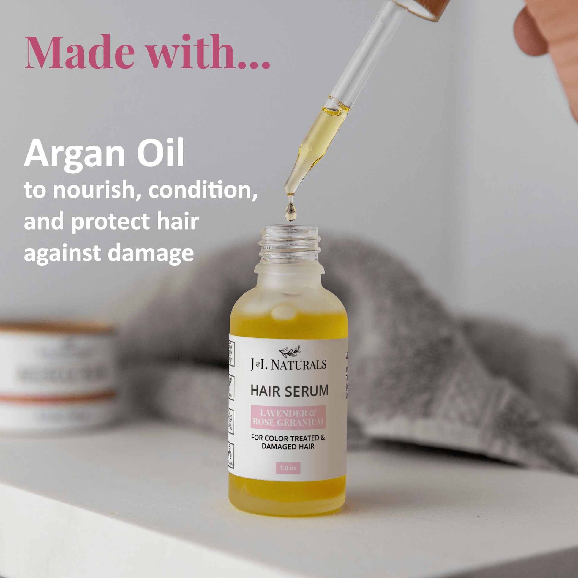 Hair Serum bottle with argan oil for nourishing and protecting color-treated hair against damage.