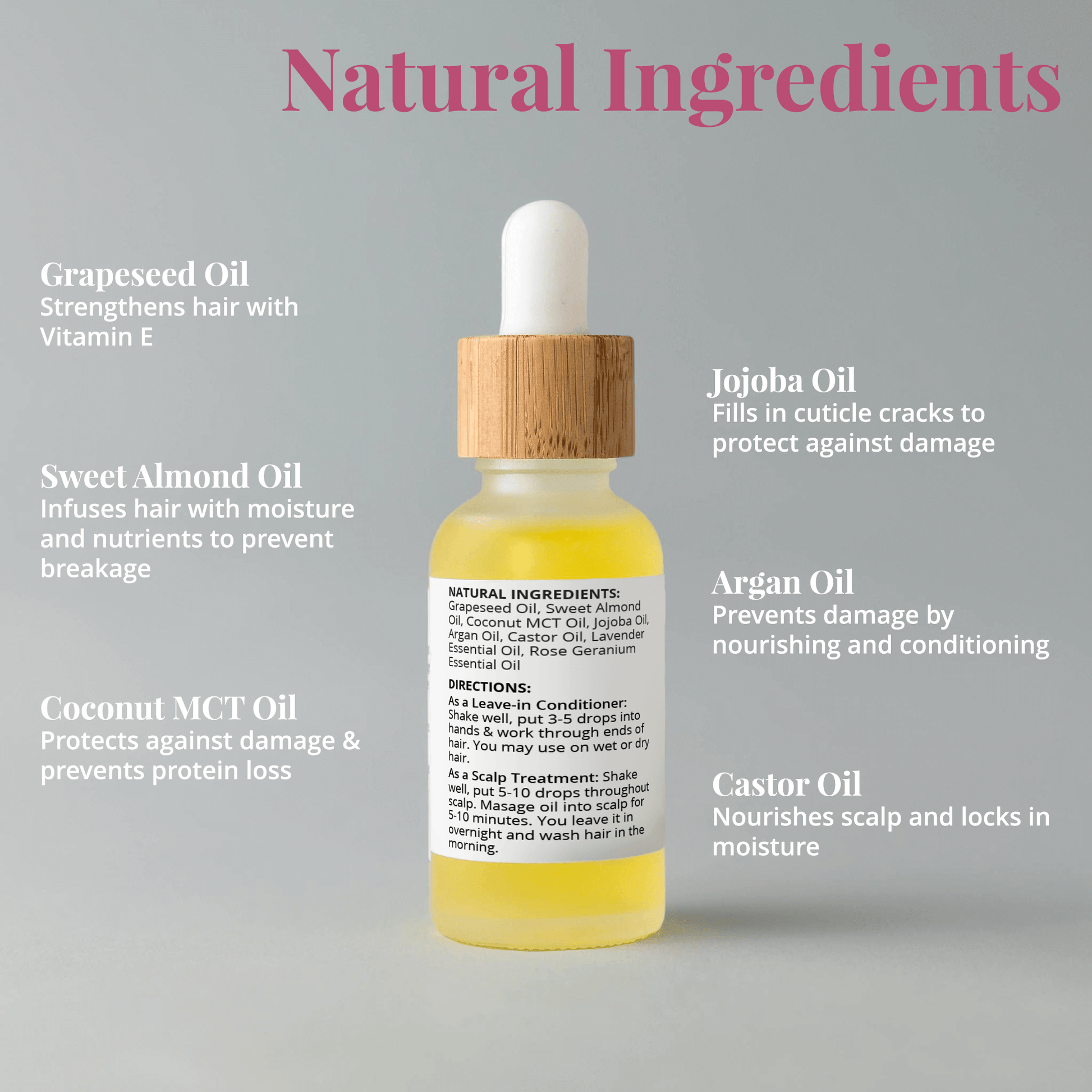 Natural Hair Serum with Grapeseed, Jojoba, Sweet Almond, Argan, Coconut MCT, and Castor oils for healthy shine and nourishment.