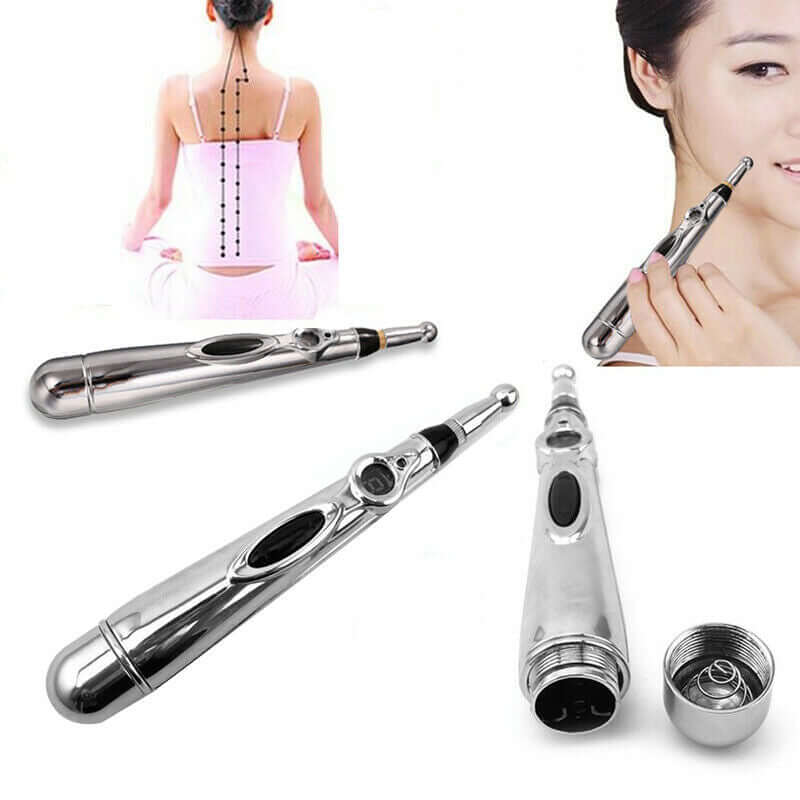 Electric acupressure pen with three massage heads for pain relief and therapy on back and face.