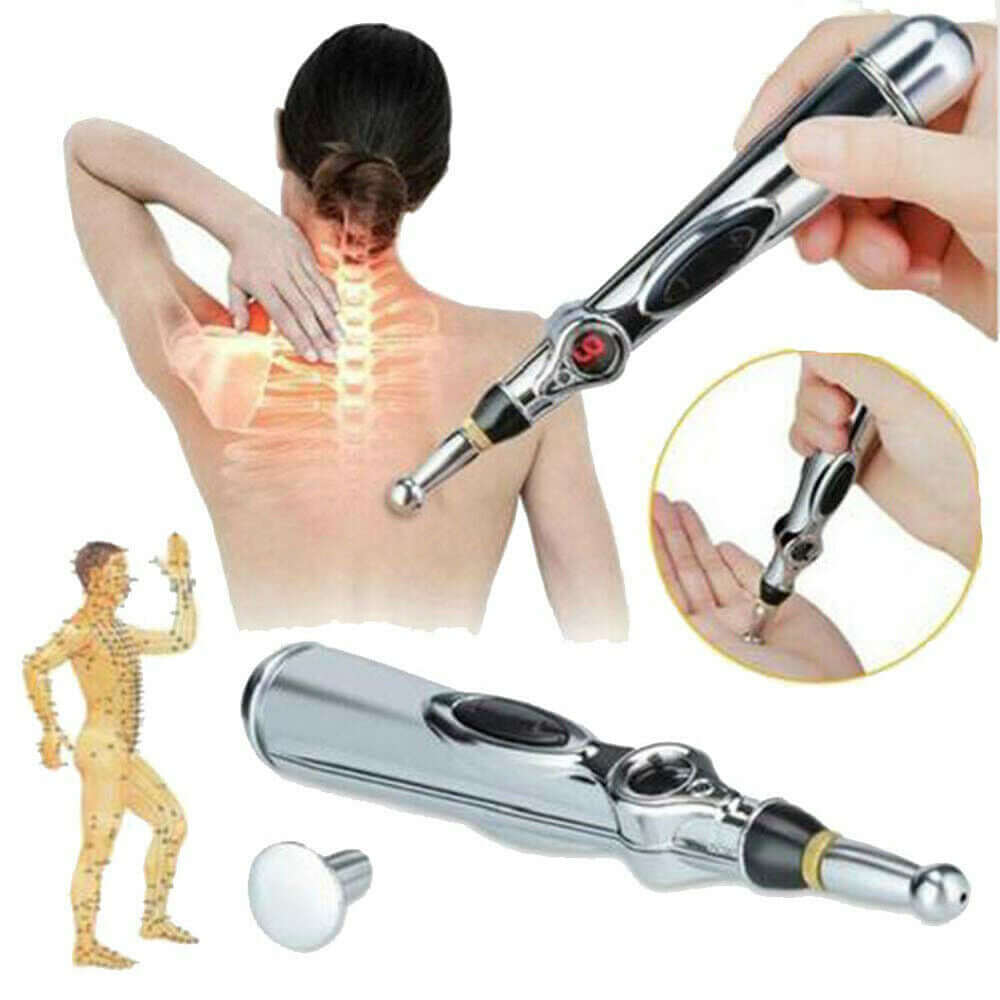 Electric Energy Acupressure Pen in use, showing massage heads for pain relief on back and hands.