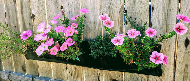 Horizontal waterproof planter with vibrant pink flowers hanging on a wooden fence, perfect for indoor and outdoor use.