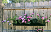 Colorful flowers in a waterproof horizontal planter mounted on a wooden fence.