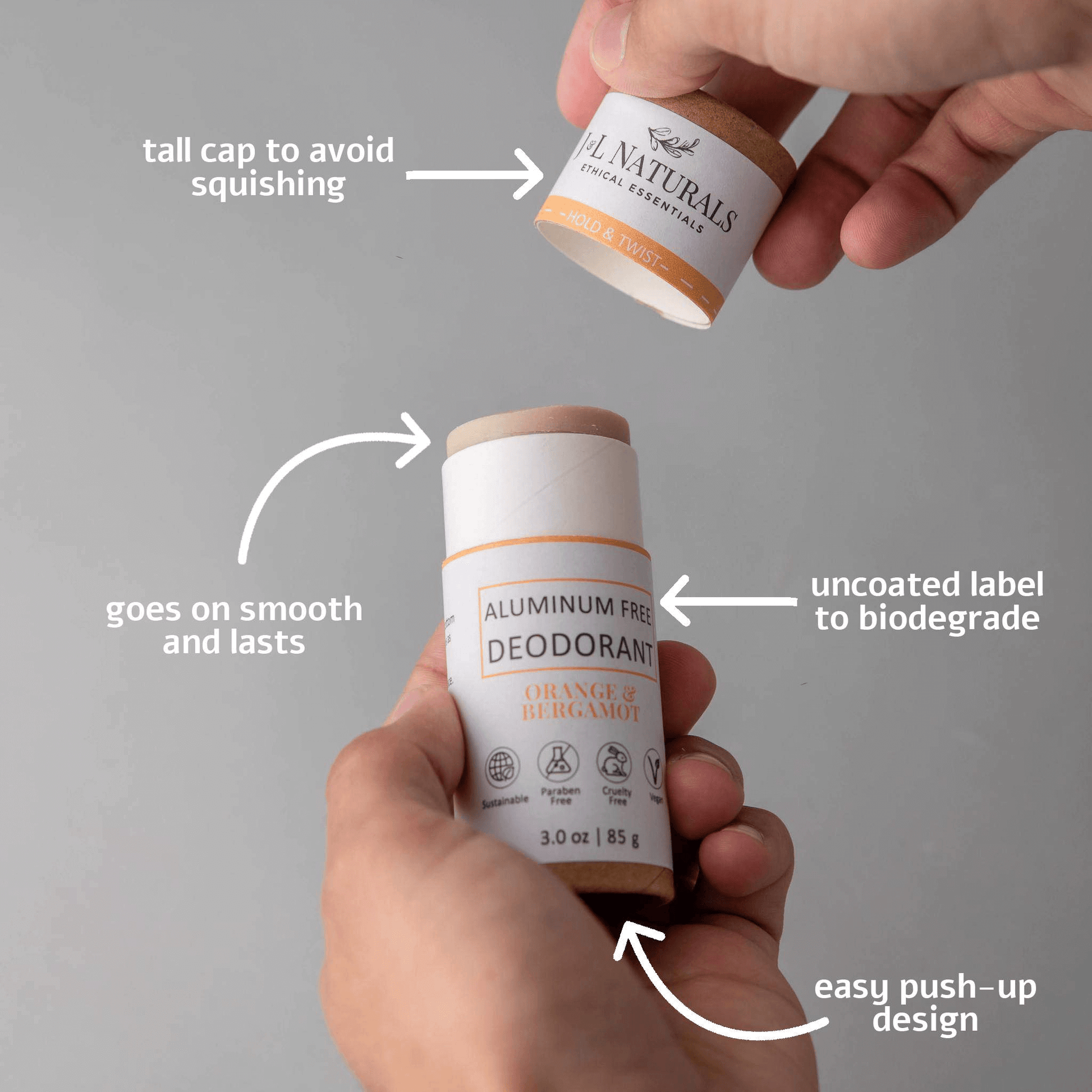 Hands holding Aluminum-Free Deodorant stick highlighting its tall cap, uncoated label, and easy push-up design.