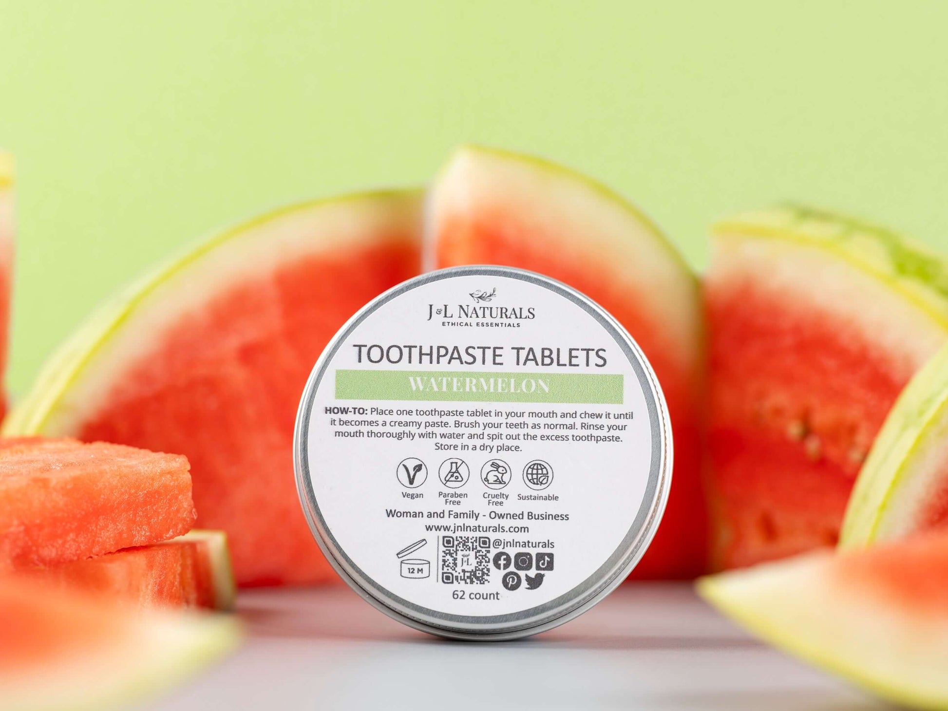 All Natural Watermelon Toothpaste Tablets in eco-friendly packaging with fresh watermelon slices.