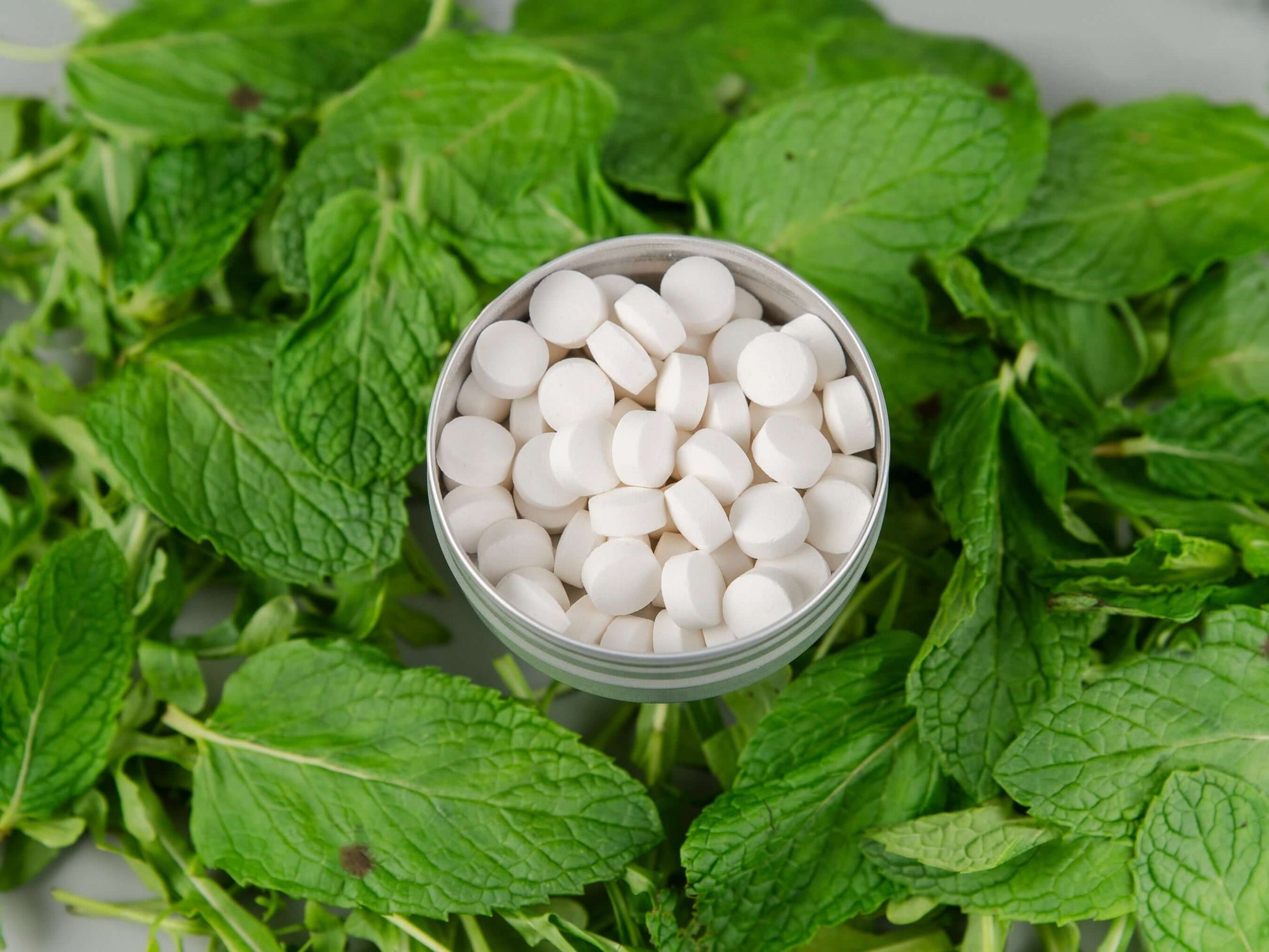 Eco-friendly toothpaste tablets in a tin surrounded by fresh mint leaves for natural dental care.