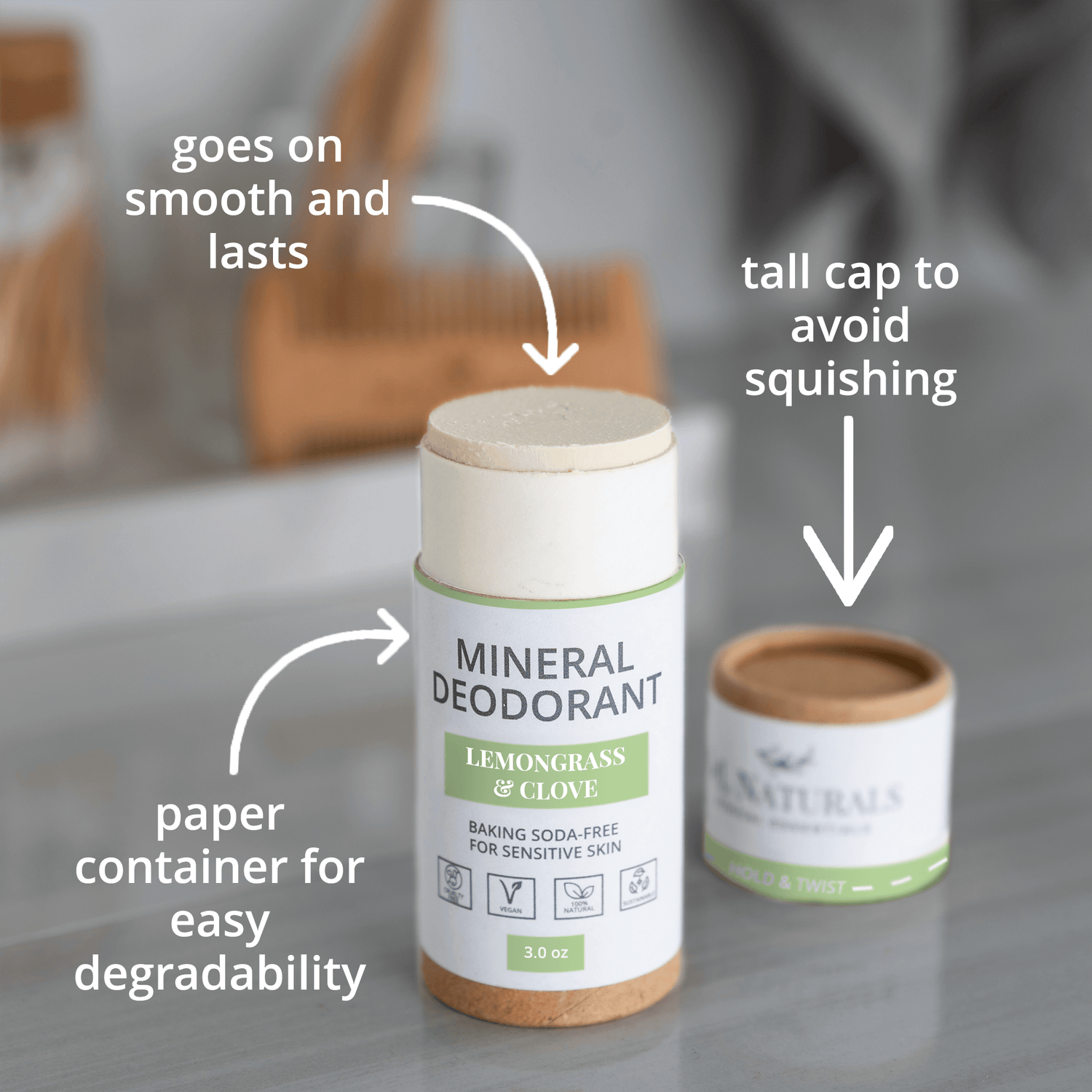Mineral deodorant in Lemongrass & Clove flavor in paper container, showcasing smooth application and tall cap design.
