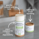 Mineral deodorant in Lemongrass & Clove flavor in paper container, showcasing smooth application and tall cap design.