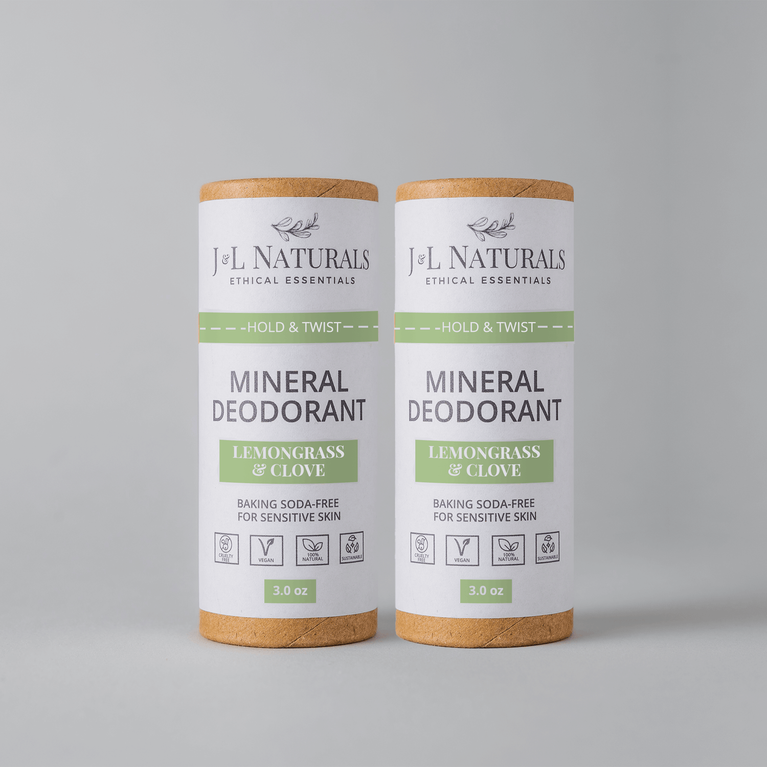 Mineral deodorant 2-pack with Lemongrass & Clove, baking soda-free, for sensitive skin.