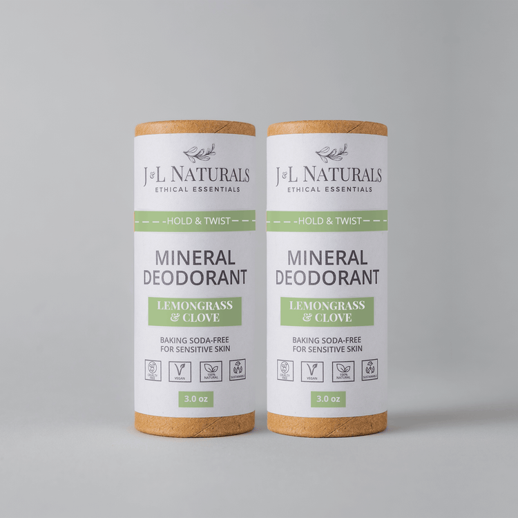Mineral deodorant 2-pack with Lemongrass & Clove, baking soda-free, for sensitive skin.