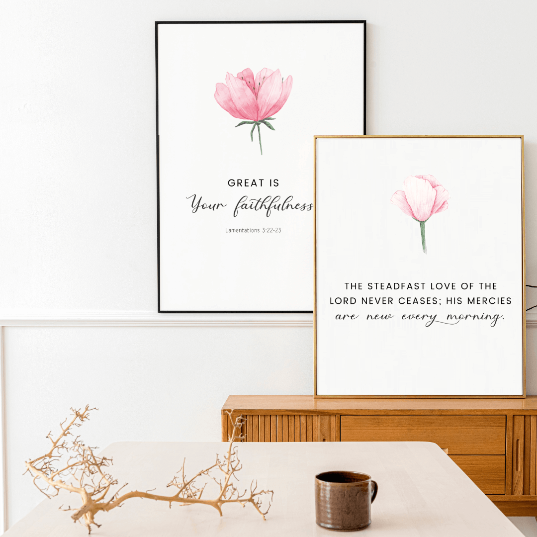 Set of 2 Lamentations 3:22-23 minimalist Christian wall art prints on display with floral designs.