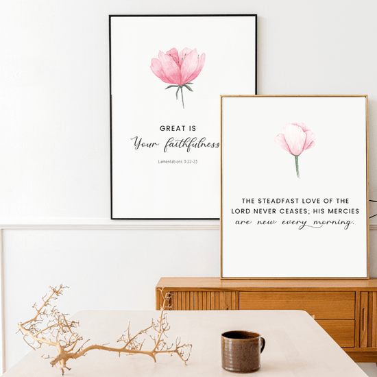 Set of 2 Lamentations 3:22-23 minimalist Christian wall art prints on display with floral designs.