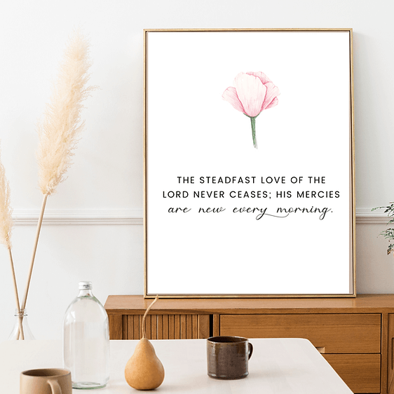 Minimalist Christian wall art print featuring Lamentations 3:22-23, with a pink flower against a white background.