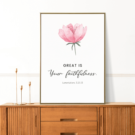 Typography print featuring floral design and Lamentations 3:22-23 text, styled in modern minimalist decor.