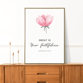 Typography print featuring floral design and Lamentations 3:22-23 text, styled in modern minimalist decor.