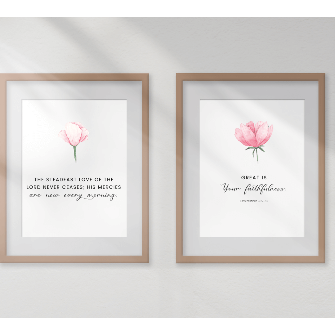 Two framed minimalist Christian wall art prints featuring Lamentations 3:22-23 with floral accents.