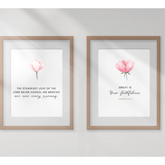 Two framed minimalist Christian wall art prints featuring Lamentations 3:22-23 with floral accents.