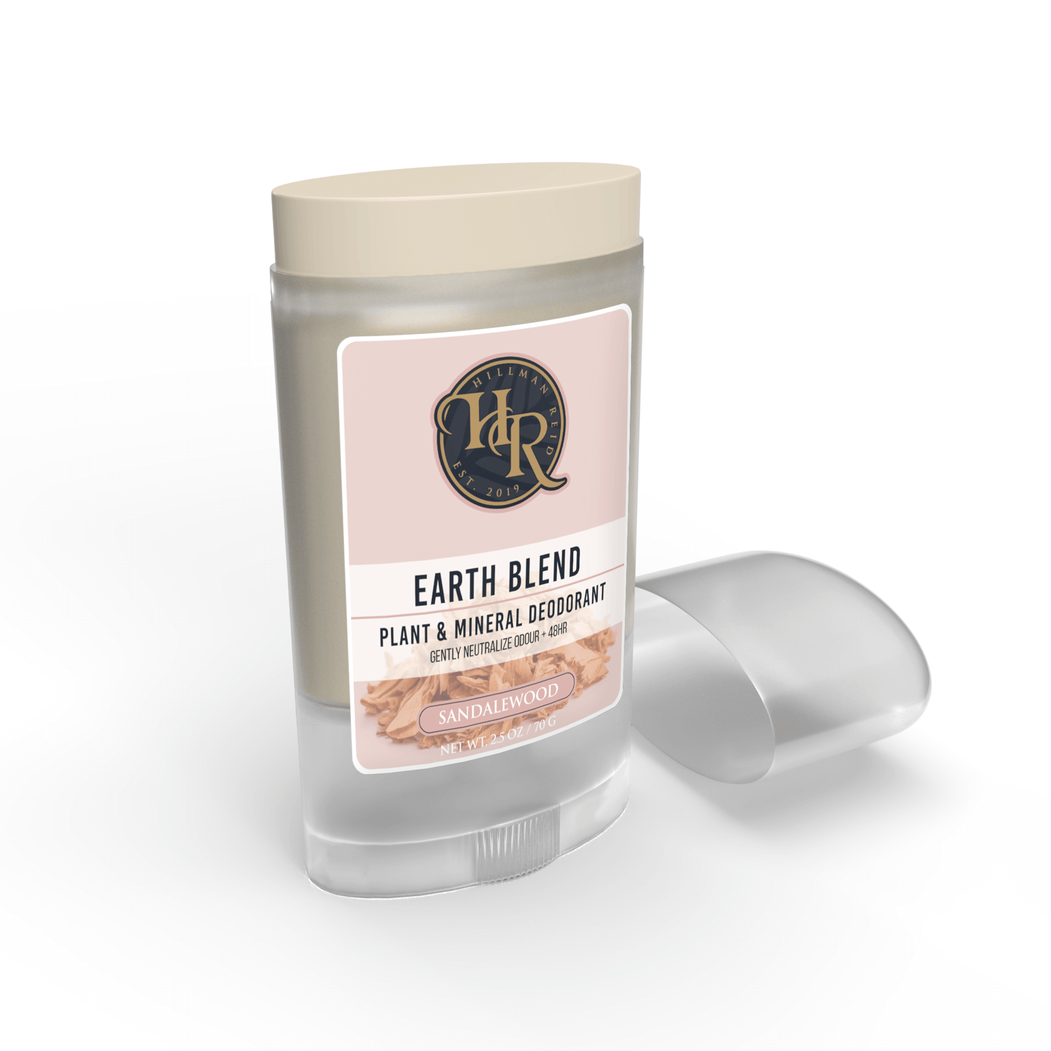 Sandalwood Earth Blend Deodorant Stick featuring a creamy vegan formula in a transparent package.
