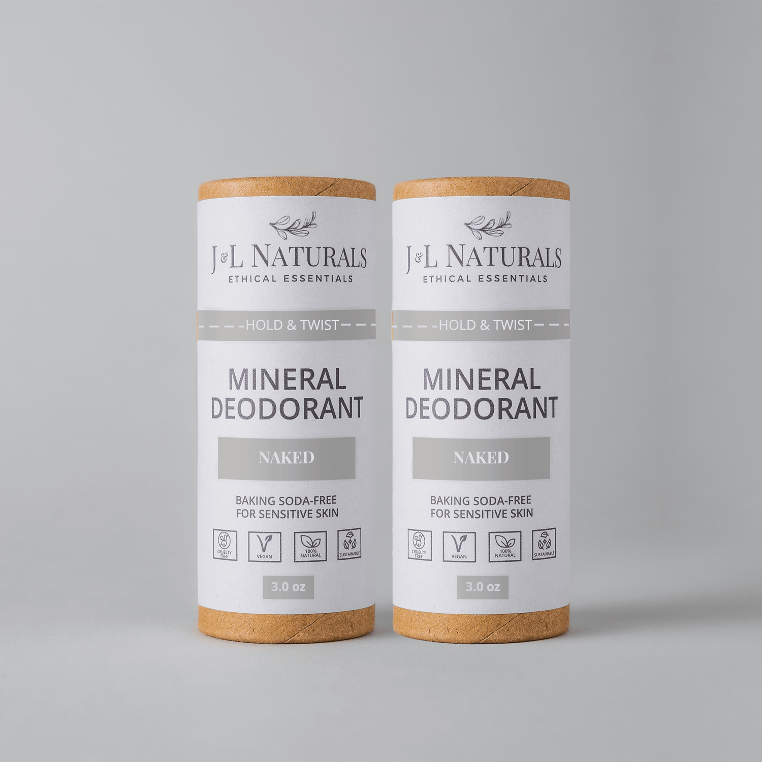 Two full-size J&L Naturals Mineral Deodorant sticks, baking soda-free, for sensitive skin, labeled &