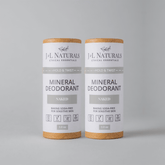 Two full-size J&L Naturals Mineral Deodorant sticks, baking soda-free, for sensitive skin, labeled &
