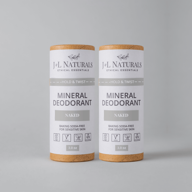 Two full-size J&L Naturals Mineral Deodorant sticks, baking soda-free, for sensitive skin, labeled &
