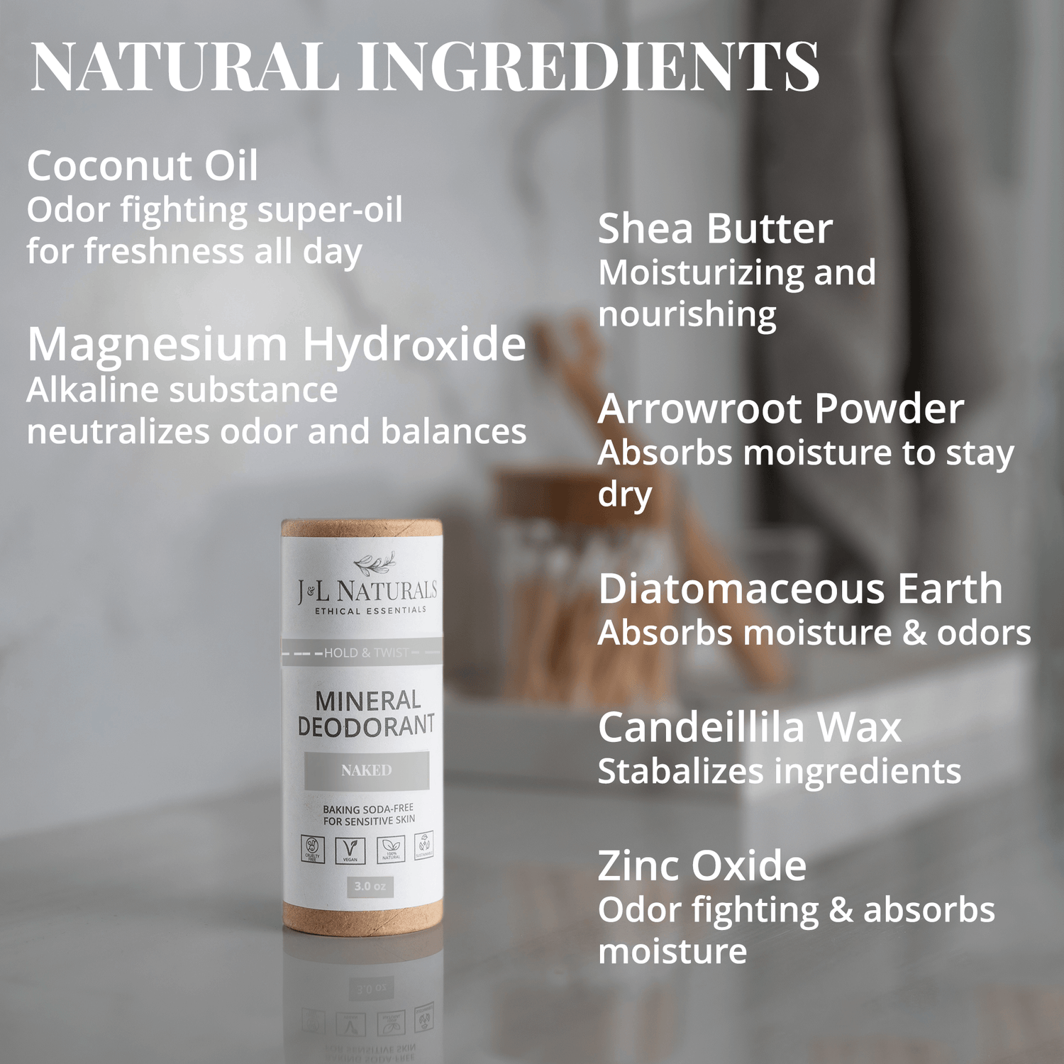 Mineral deodorant stick featuring natural ingredients like coconut oil, shea butter, and magnesium hydroxide for odor control.