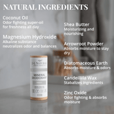 Mineral deodorant stick featuring natural ingredients like coconut oil, shea butter, and magnesium hydroxide for odor control.