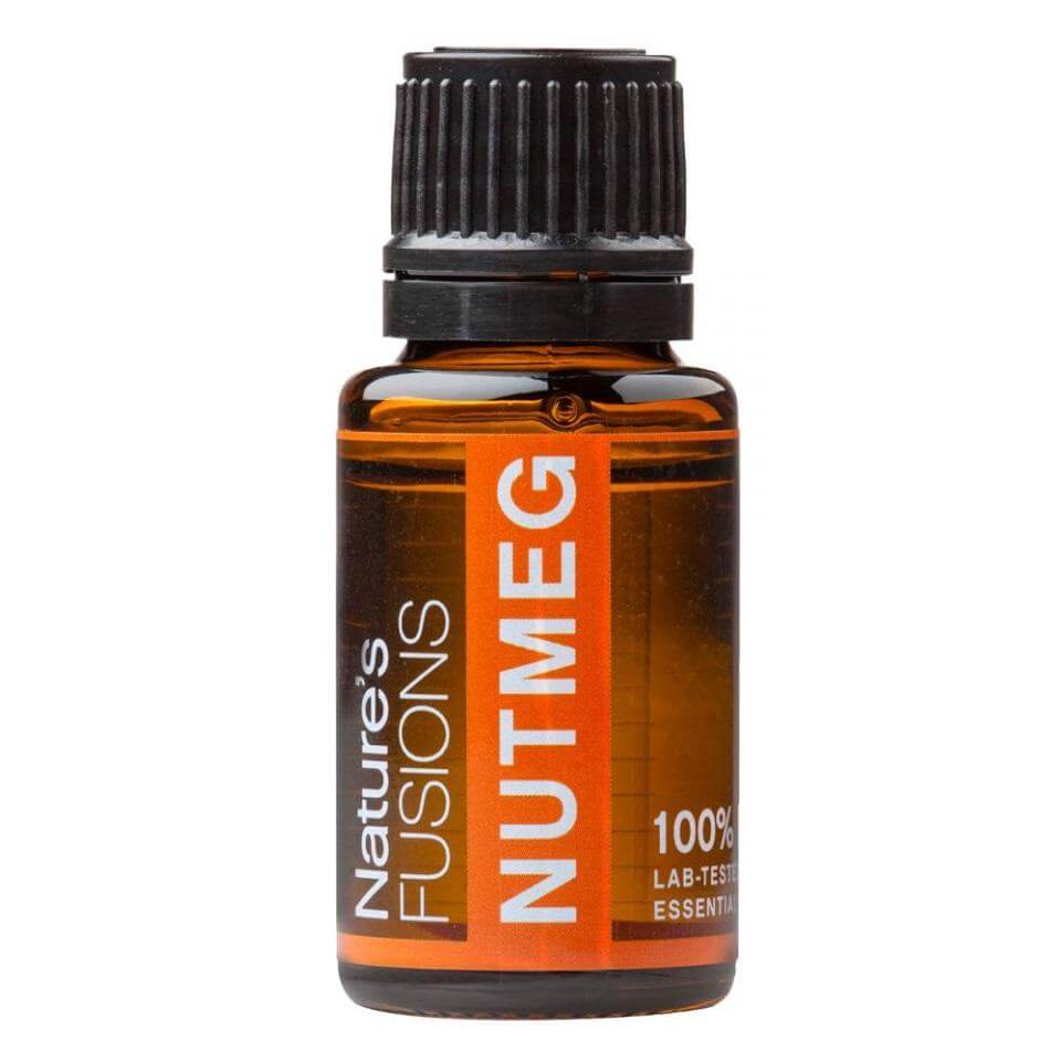 Nutmeg Pure Essential Oil by Nature's Fusions in 15ml amber bottle, steam-distilled from Indonesian nuts.