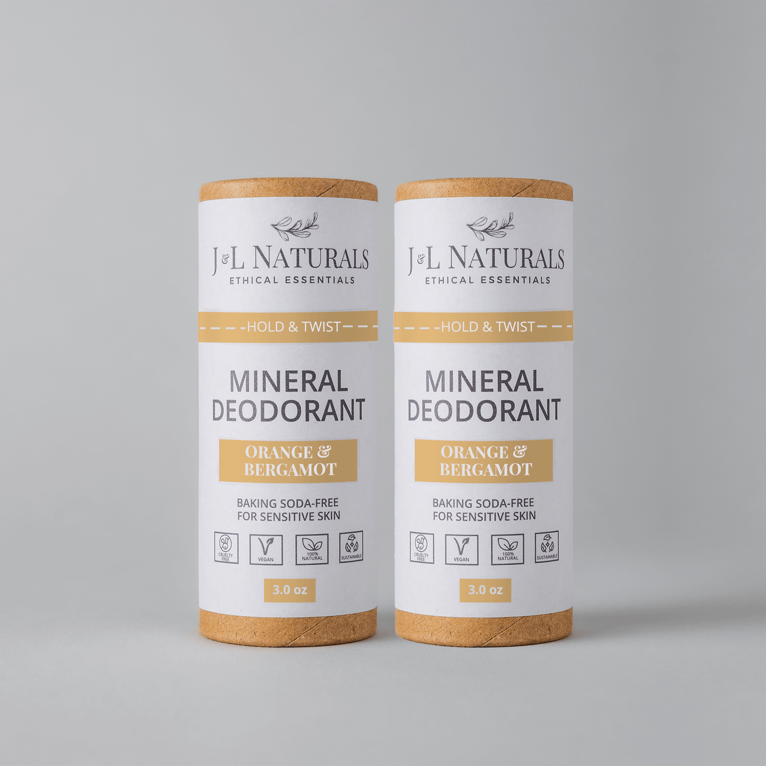 Mineral Deodorant 2-Pack in Orange & Bergamot scent, baking soda-free, perfect for sensitive skin.