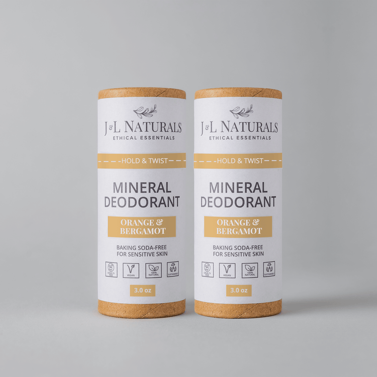 Mineral Deodorant 2-Pack in Orange & Bergamot scent, baking soda-free, perfect for sensitive skin.