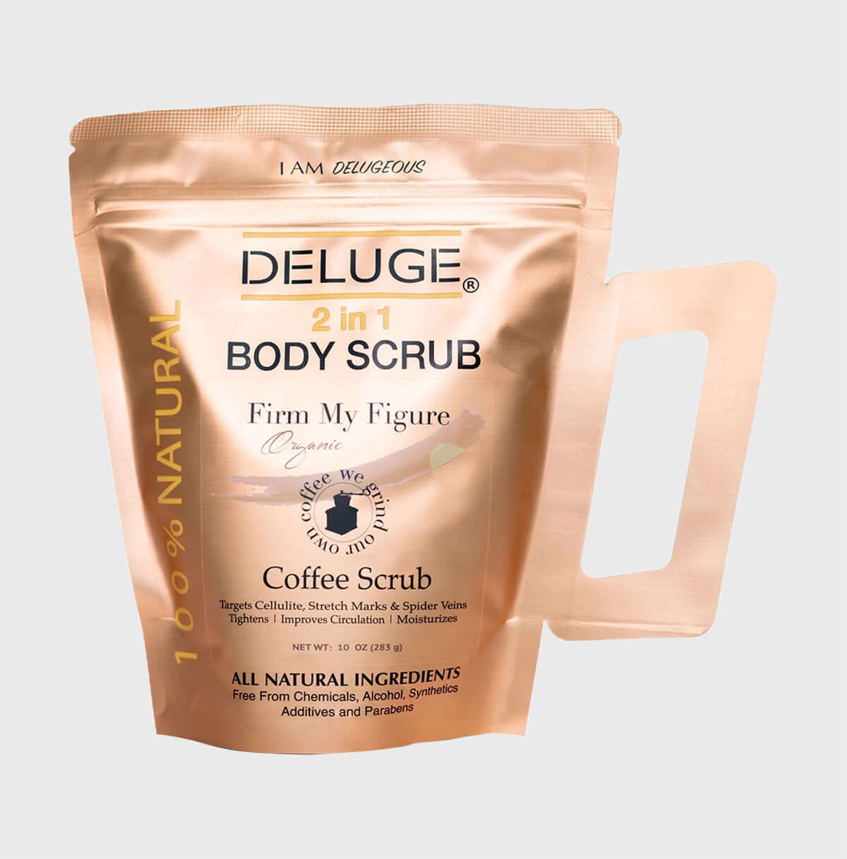 Organic Deluge 2-in-1 Coffee Body Scrub pack, ideal for exfoliating and moisturizing the skin.