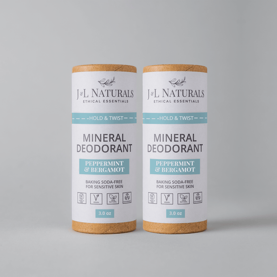 Mineral Deodorant 2-Pack in Peppermint & Bergamot, baking soda-free for sensitive skin, eco-friendly and ethical essentials.