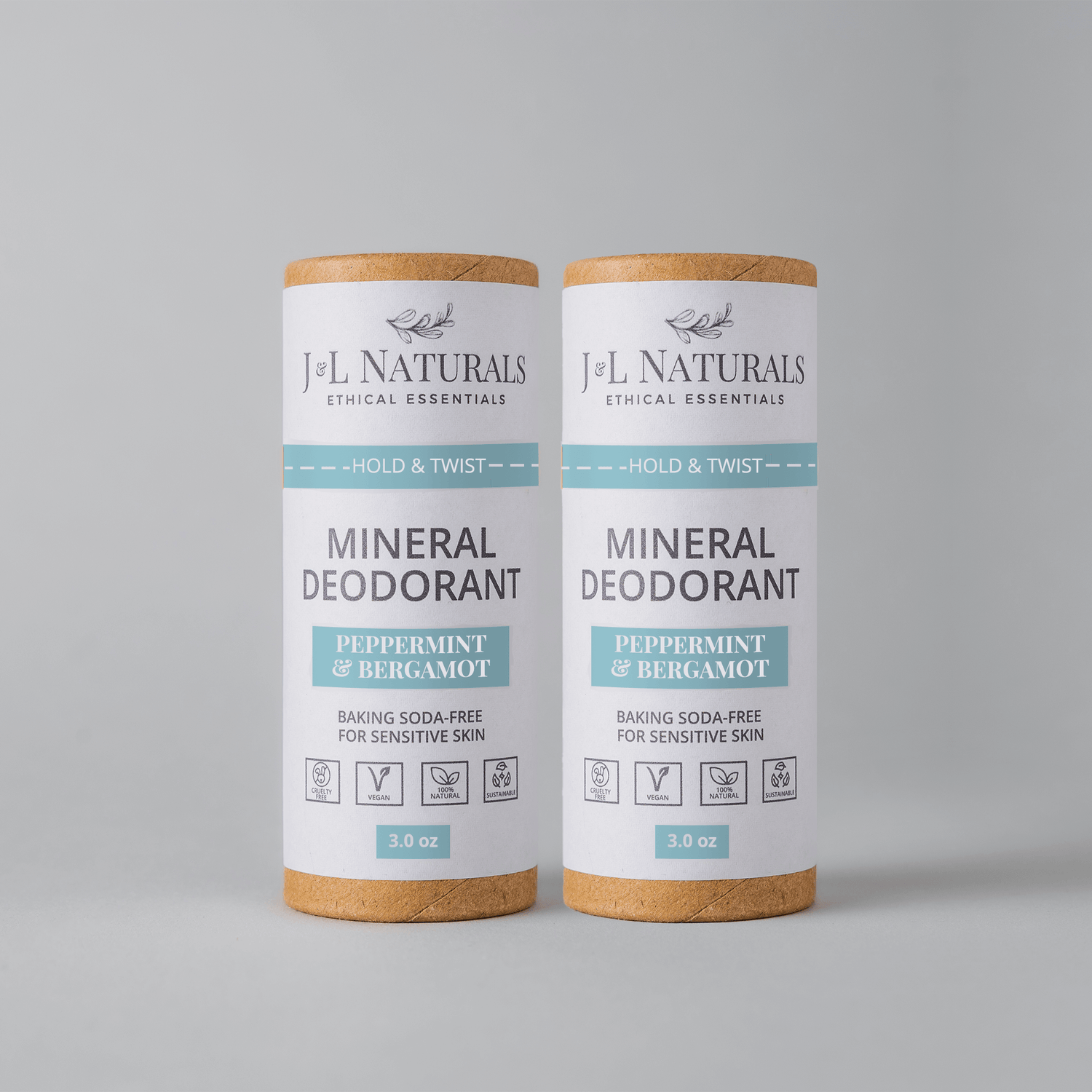 Mineral Deodorant 2-Pack in Peppermint & Bergamot, baking soda-free for sensitive skin, eco-friendly and ethical essentials.