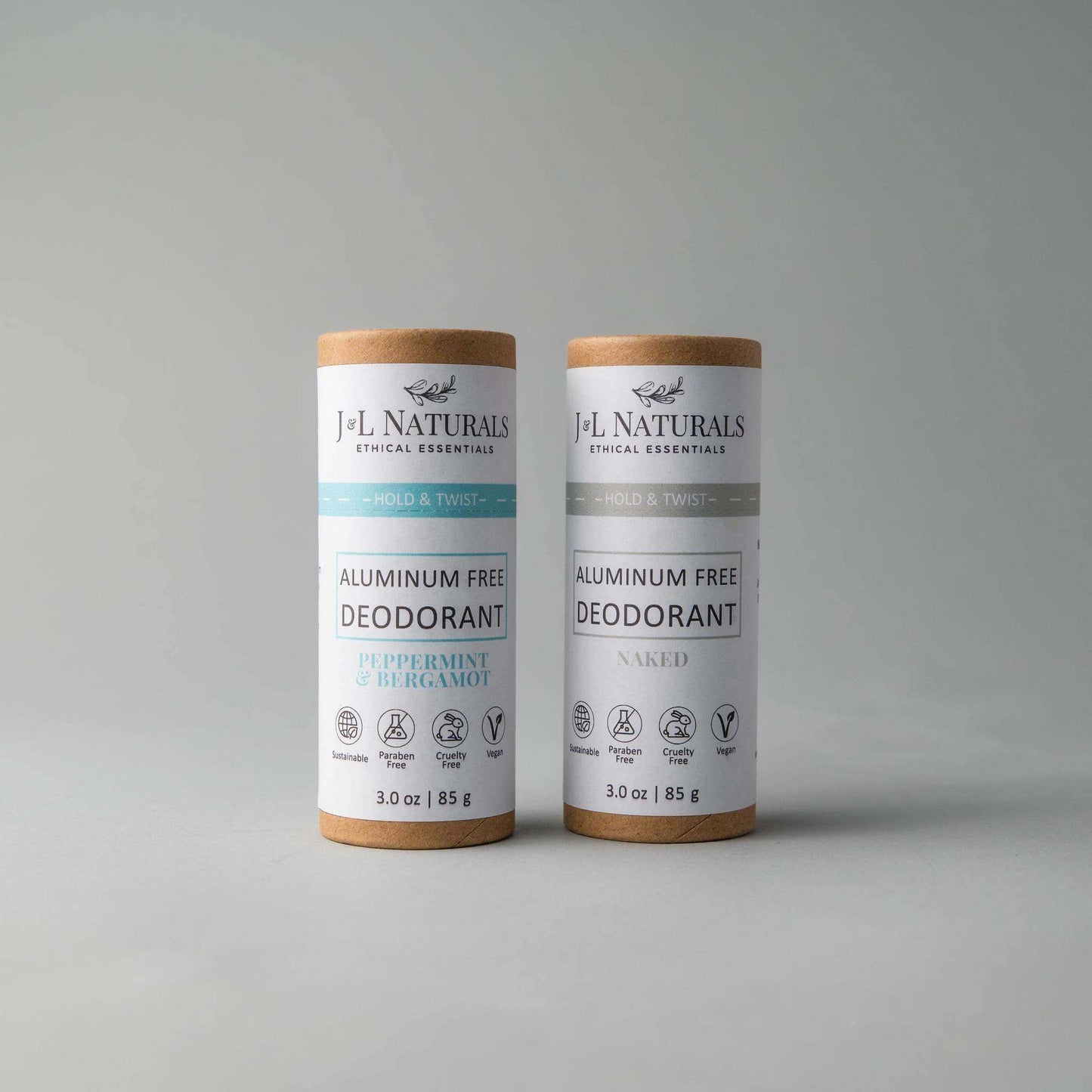 Aluminum-Free Deodorant Duo featuring Peppermint & Bergamot and Naked scents by J-L Naturals.