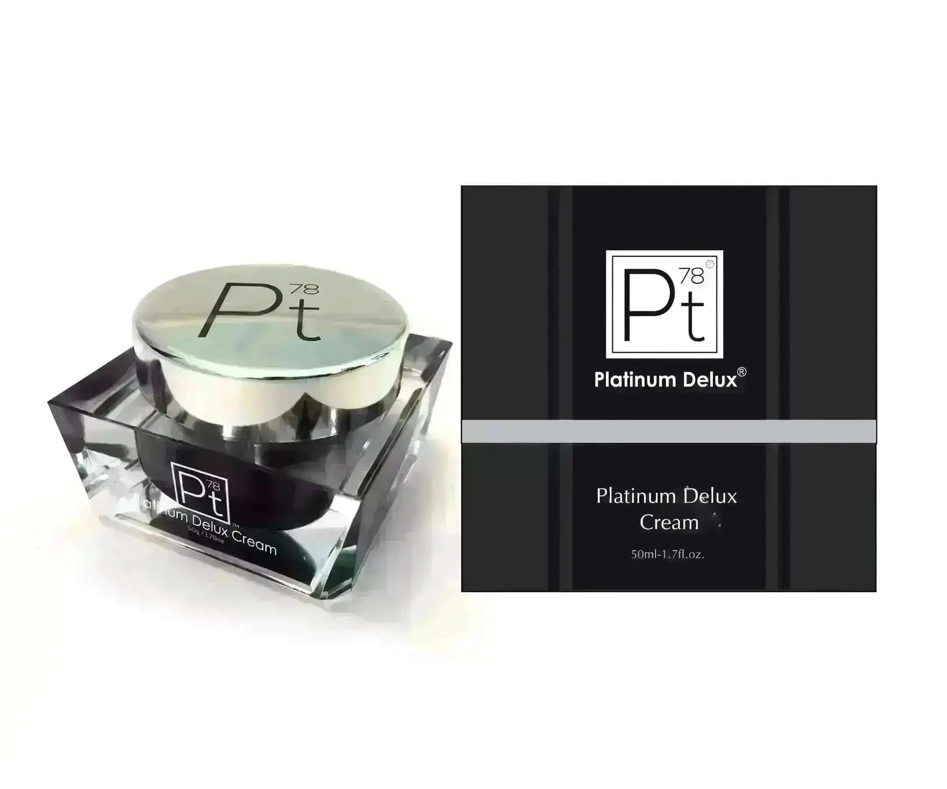 Platinum Delux Cream jar and packaging showcasing premium moisturizer for dry skin.